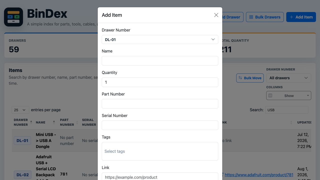 BinDex Add Item form with fields for item details and drawer number