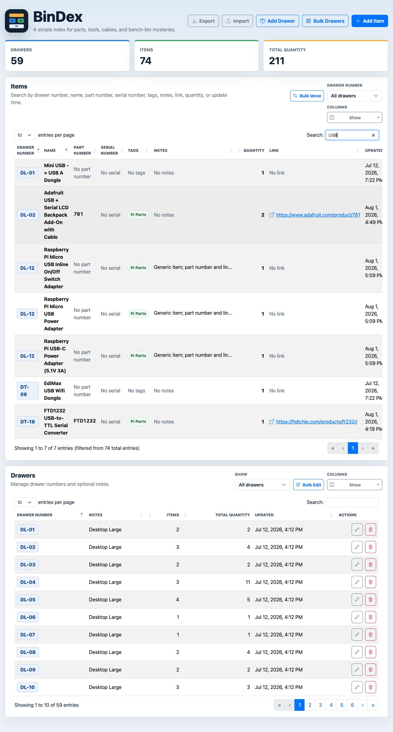BinDex inventory filtered to show USB search results