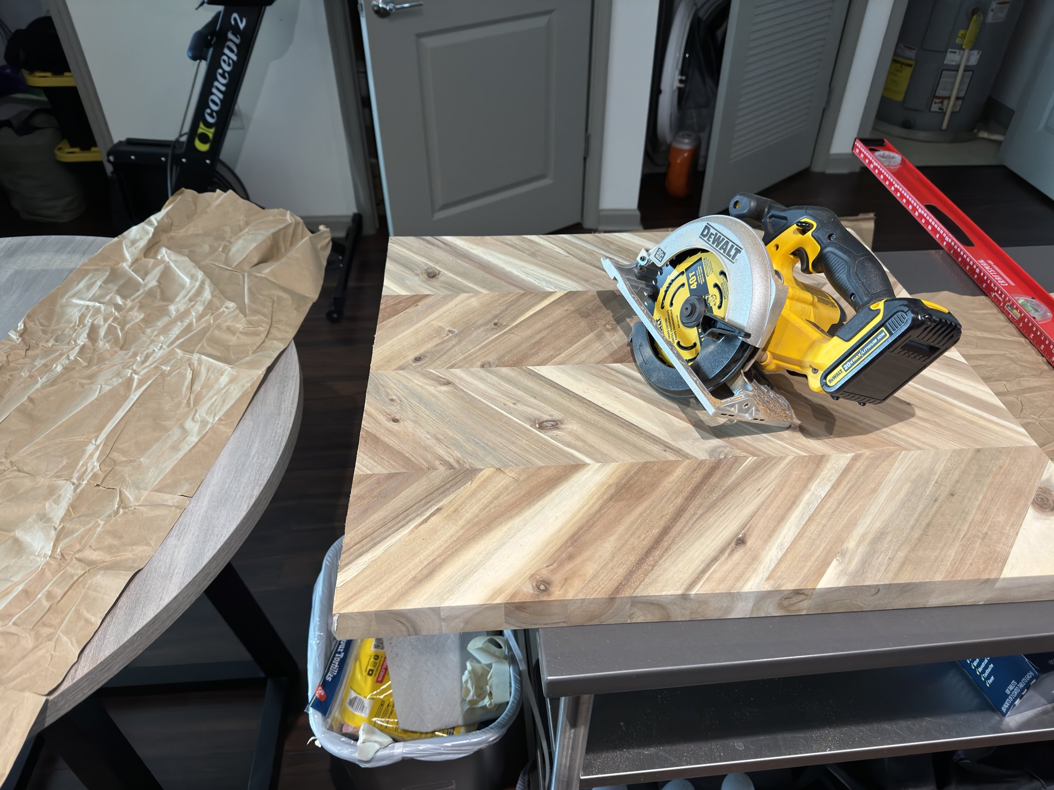 Cutting the wood top to fit.