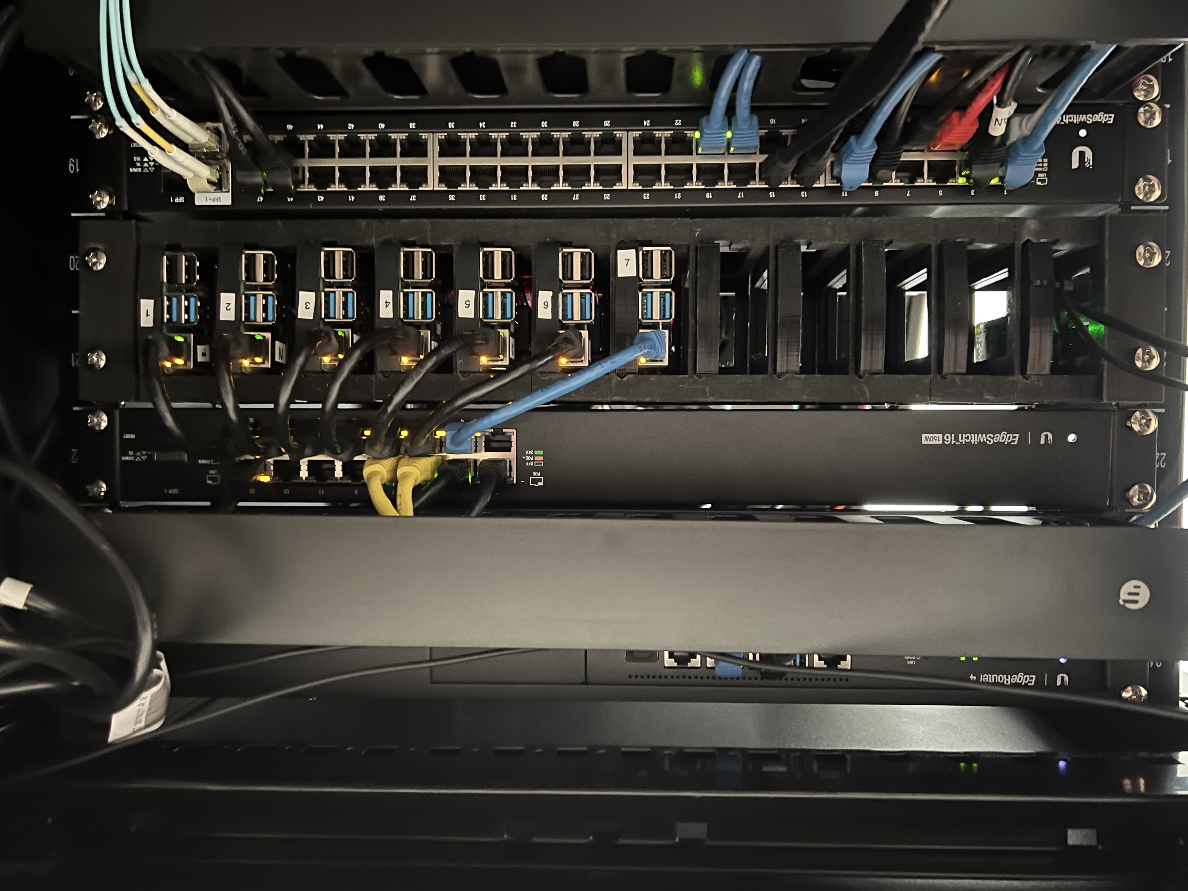 Seven Raspberry Pis mounted between two EdgeSwitches at the back of the rack
